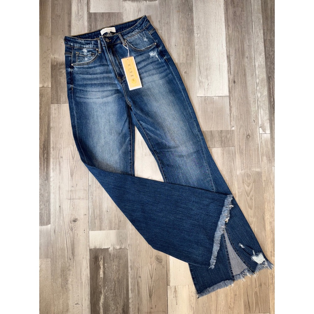 Risen Flare Jeans Women Medium Wash Distressed Raw Hem Ankle Slit 13/31 NEW
